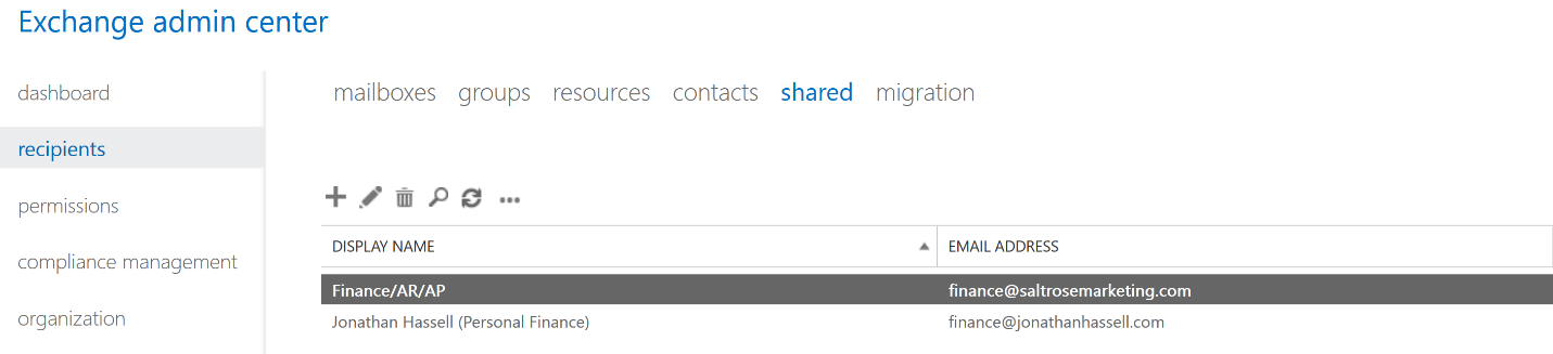 Exchange Online Administration Adding a Shared Mailbox