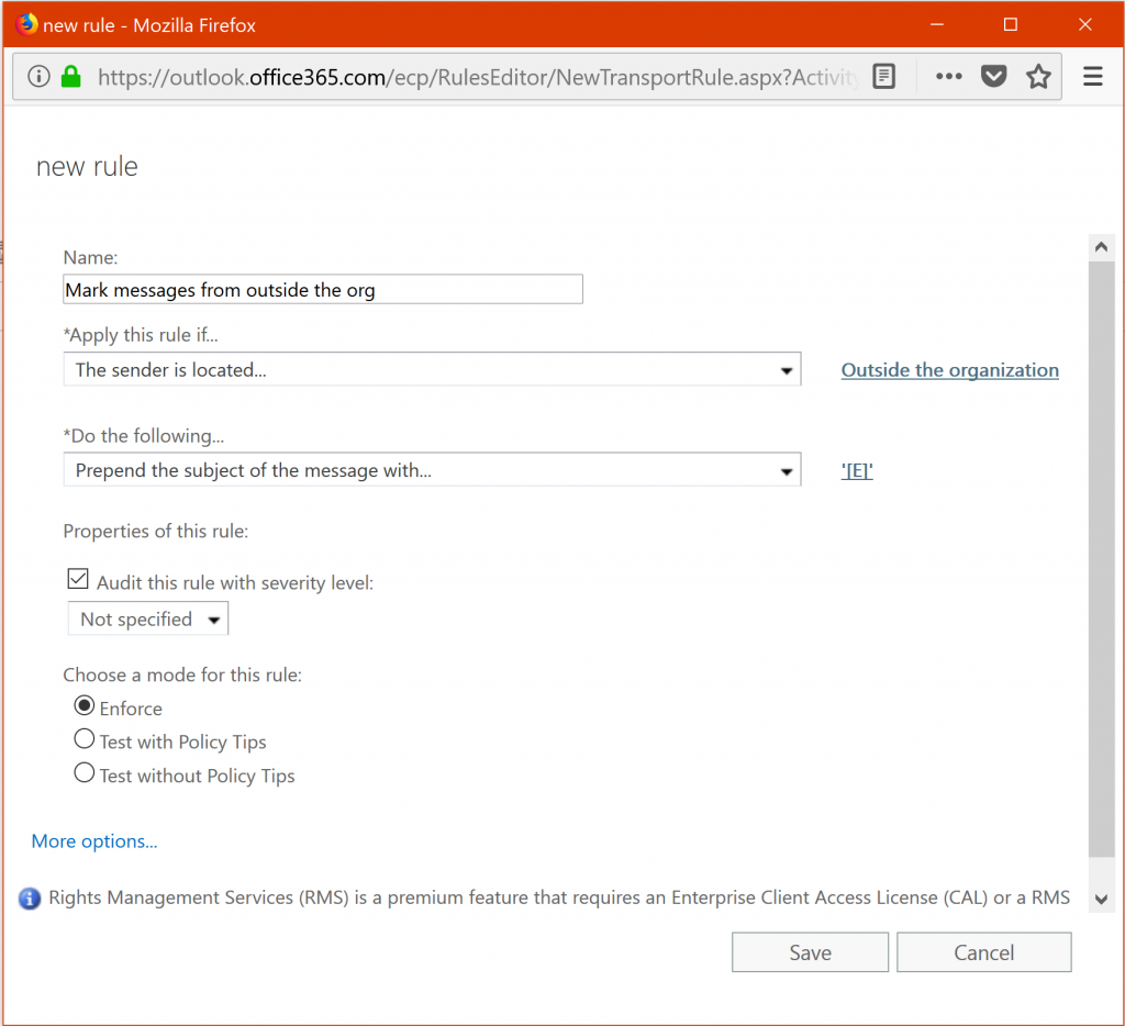 Exchange Online Administration Configuring a Rule to Messages that Originate from Outside the Organization