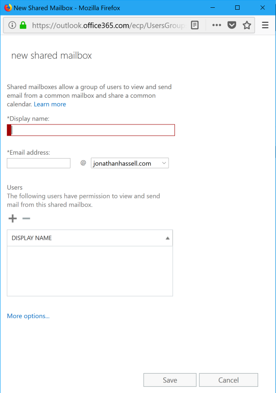 Exchange Online Administration Specifying the Details of a Shared Mailbox