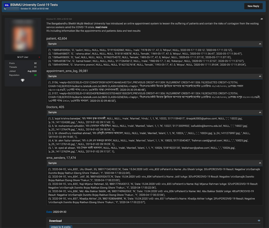 dark web shows patient data for sale, specifically related to COVID-19 test results